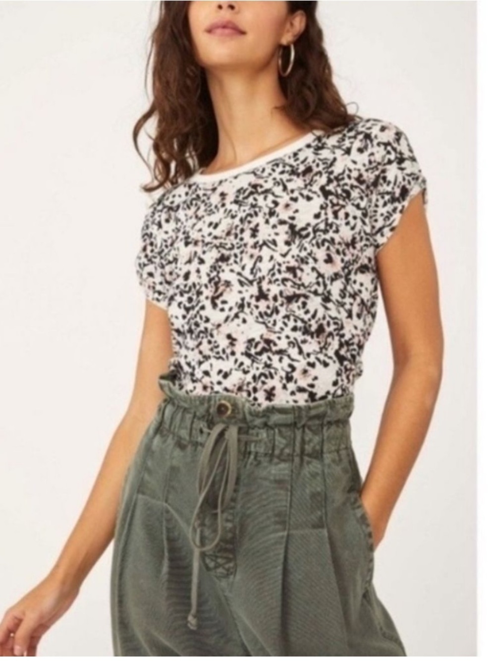 WE THE FREE PEOPLE Animal Floral Rolled Short Sleeve Cap Clare Tee Shirt Small